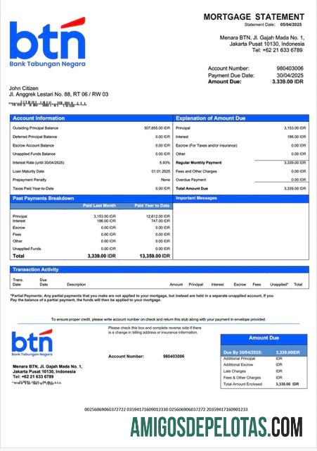 para download Modelo Word e PDF de declaração de hipoteca do Banco da Indonésia Tabungan Negara (BTN)